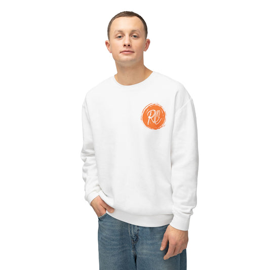 Person wearing a white sweatshirt with an orange logo on a white background