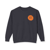 Navy blue sweatshirt with an orange logo on a white background