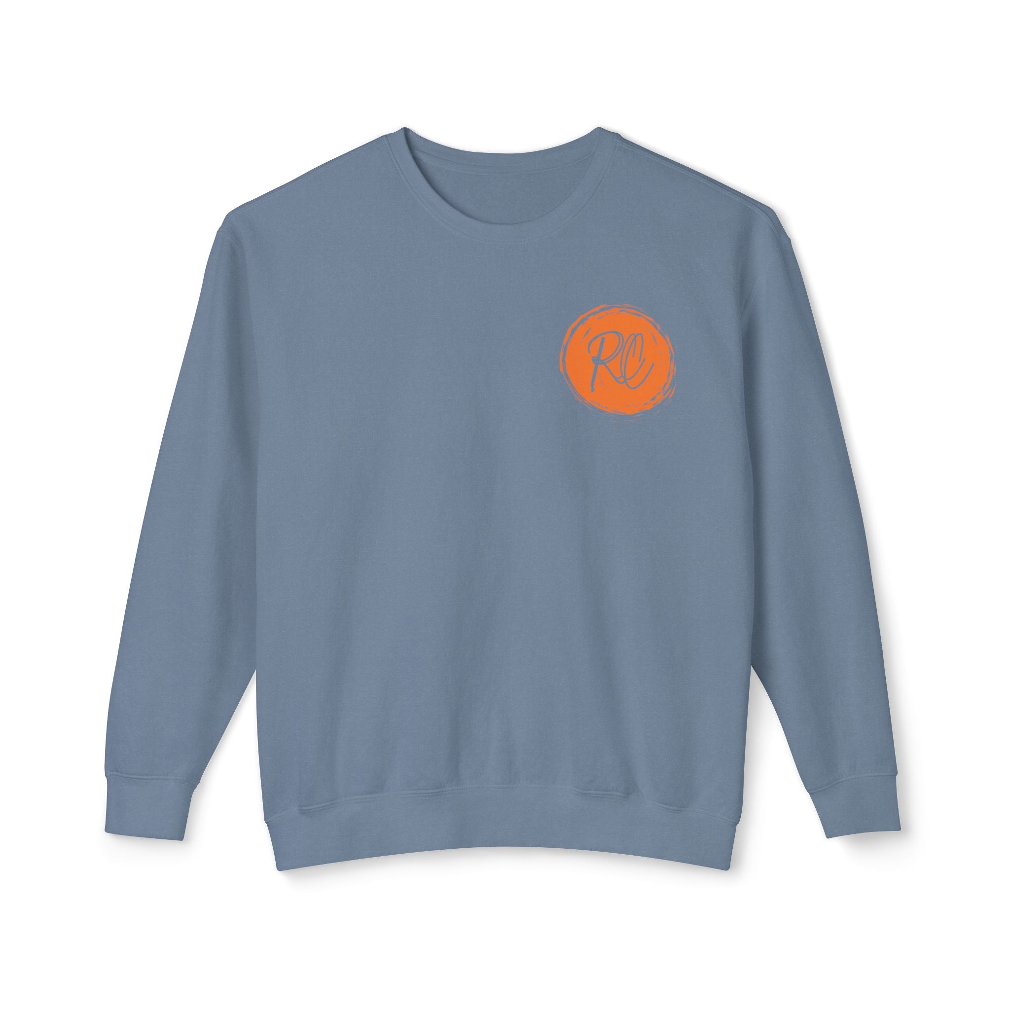Blue sweatshirt with an orange logo on a white background