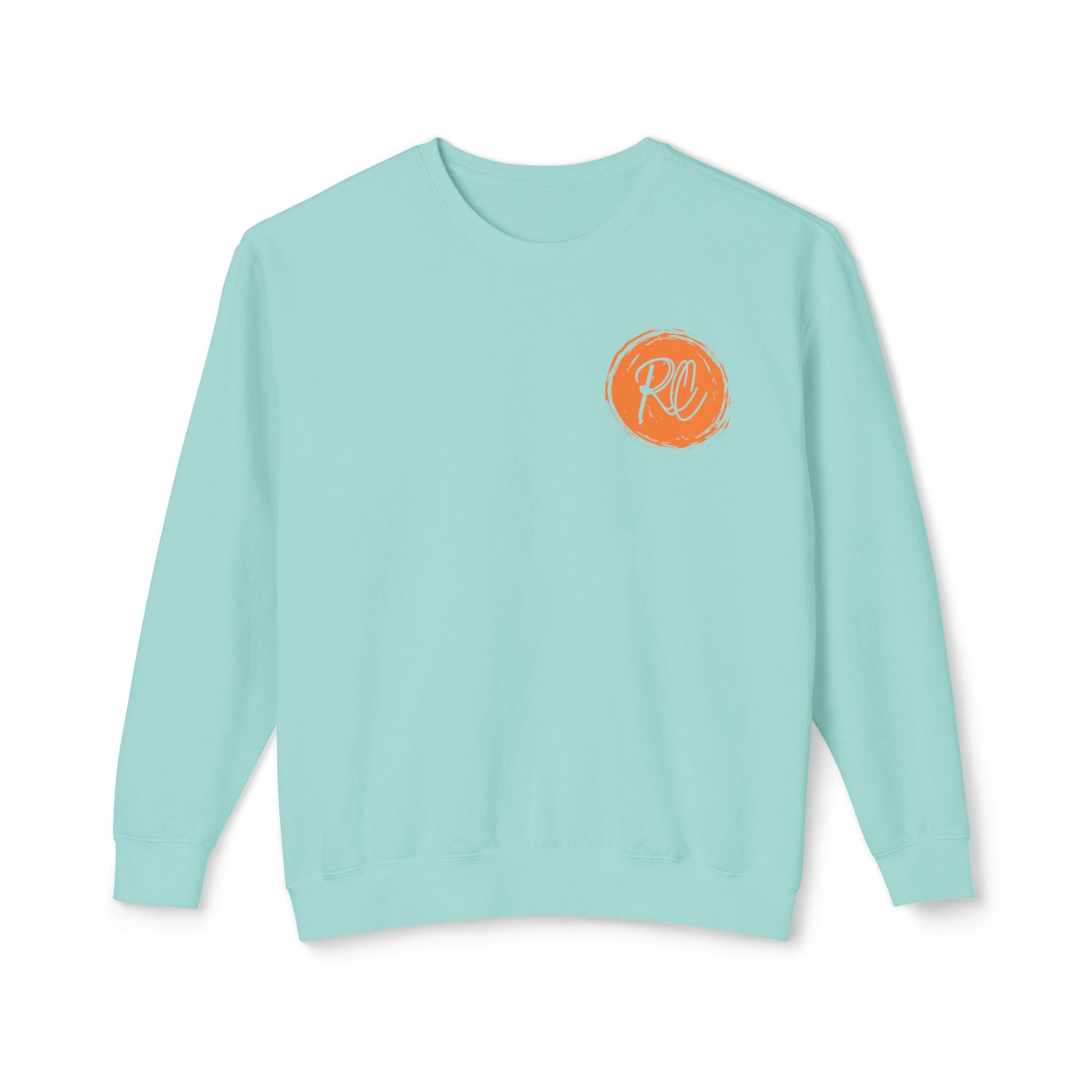 Light blue sweatshirt with an orange logo on a white background
