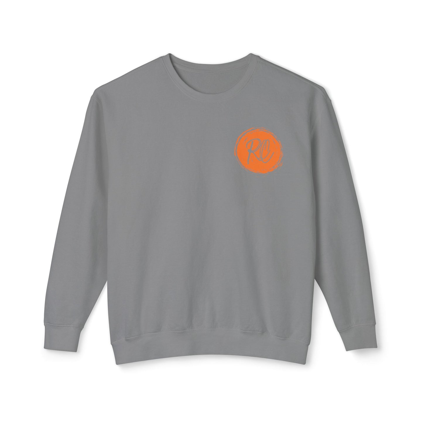 Gray sweatshirt with an orange logo on a white background