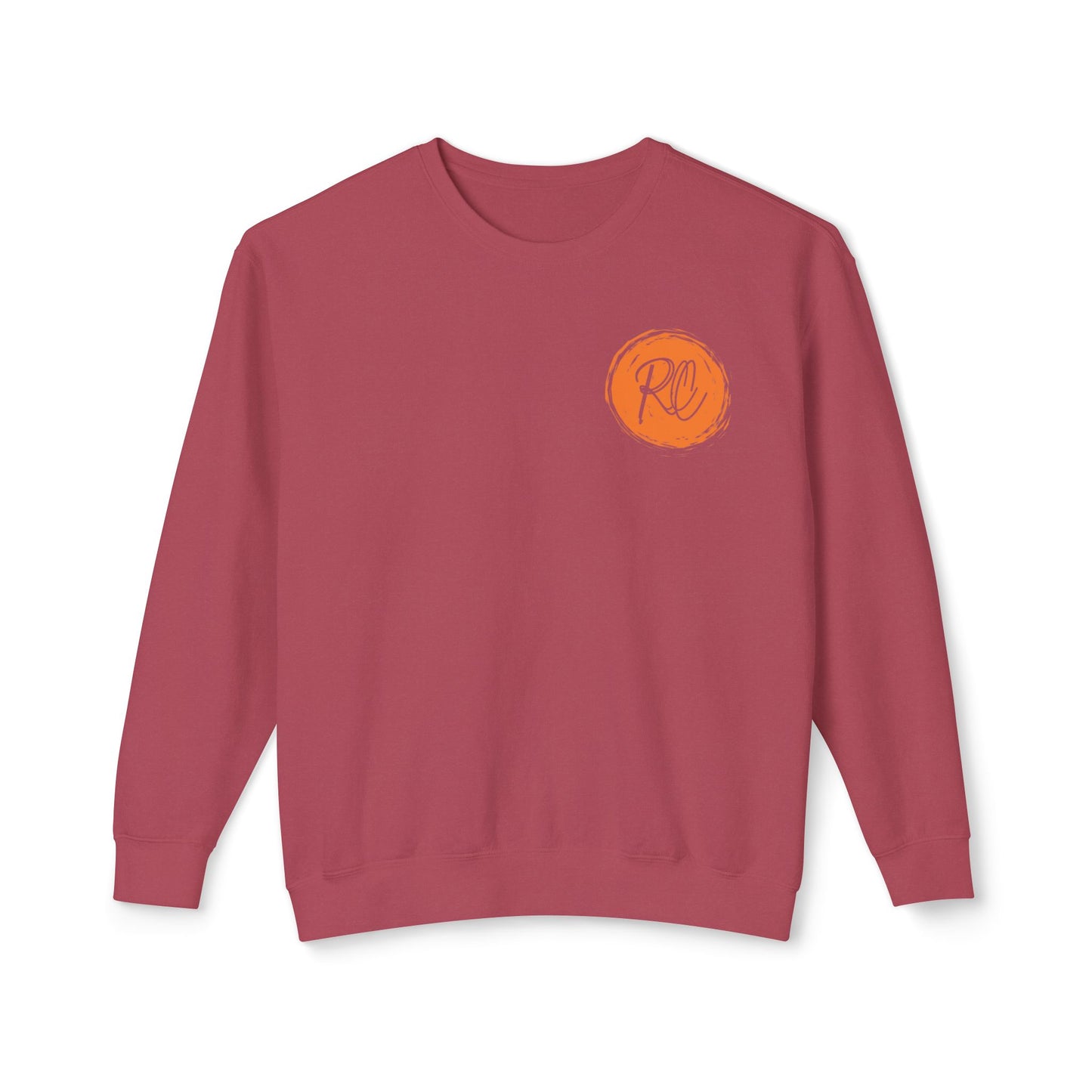 Red sweatshirt with a small orange logo on a white background