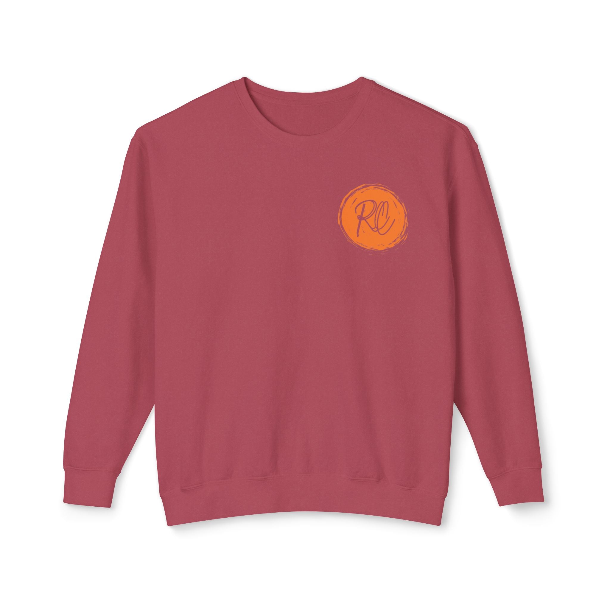 Red sweatshirt with a small orange logo on a white background
