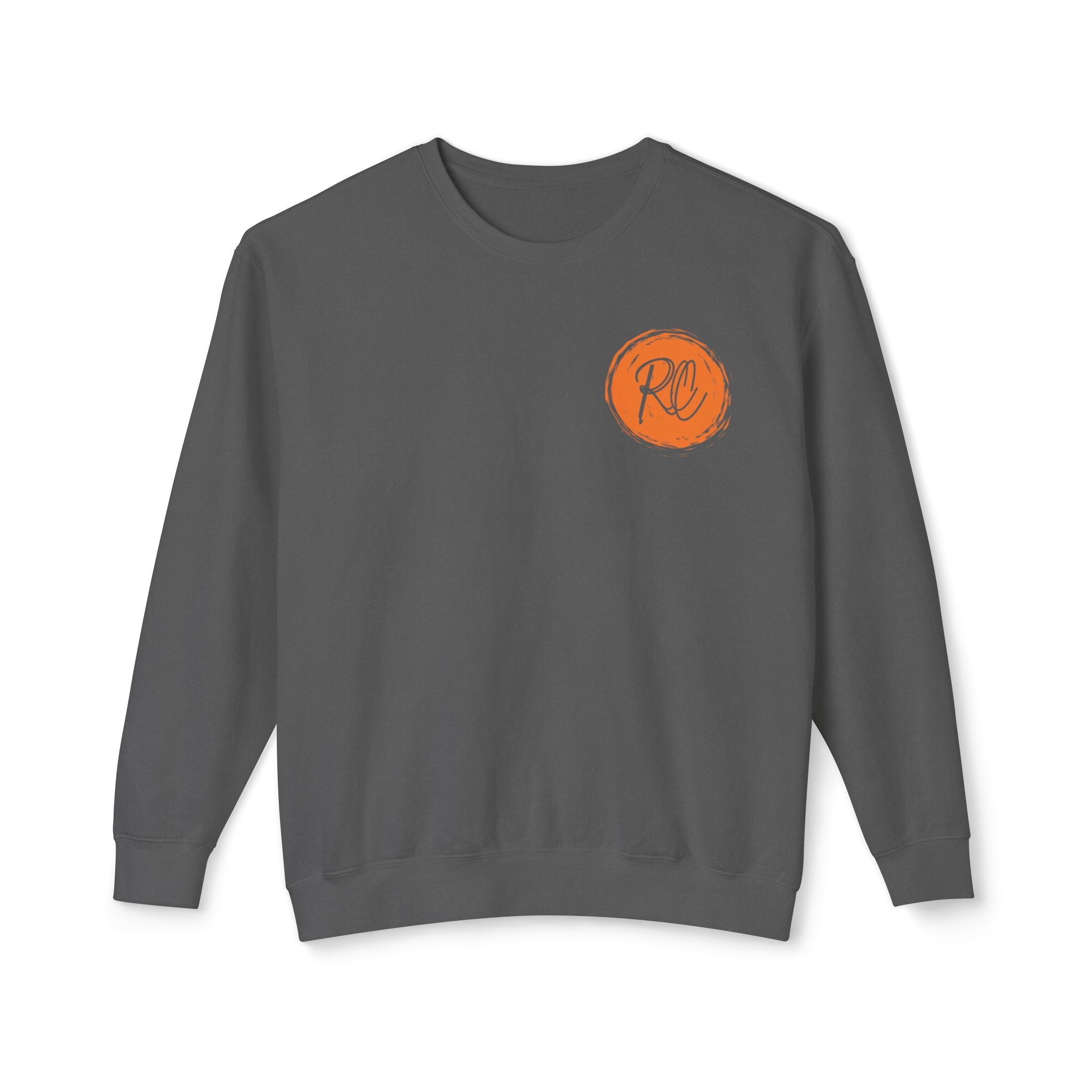 Gray sweatshirt with an orange logo on a white background