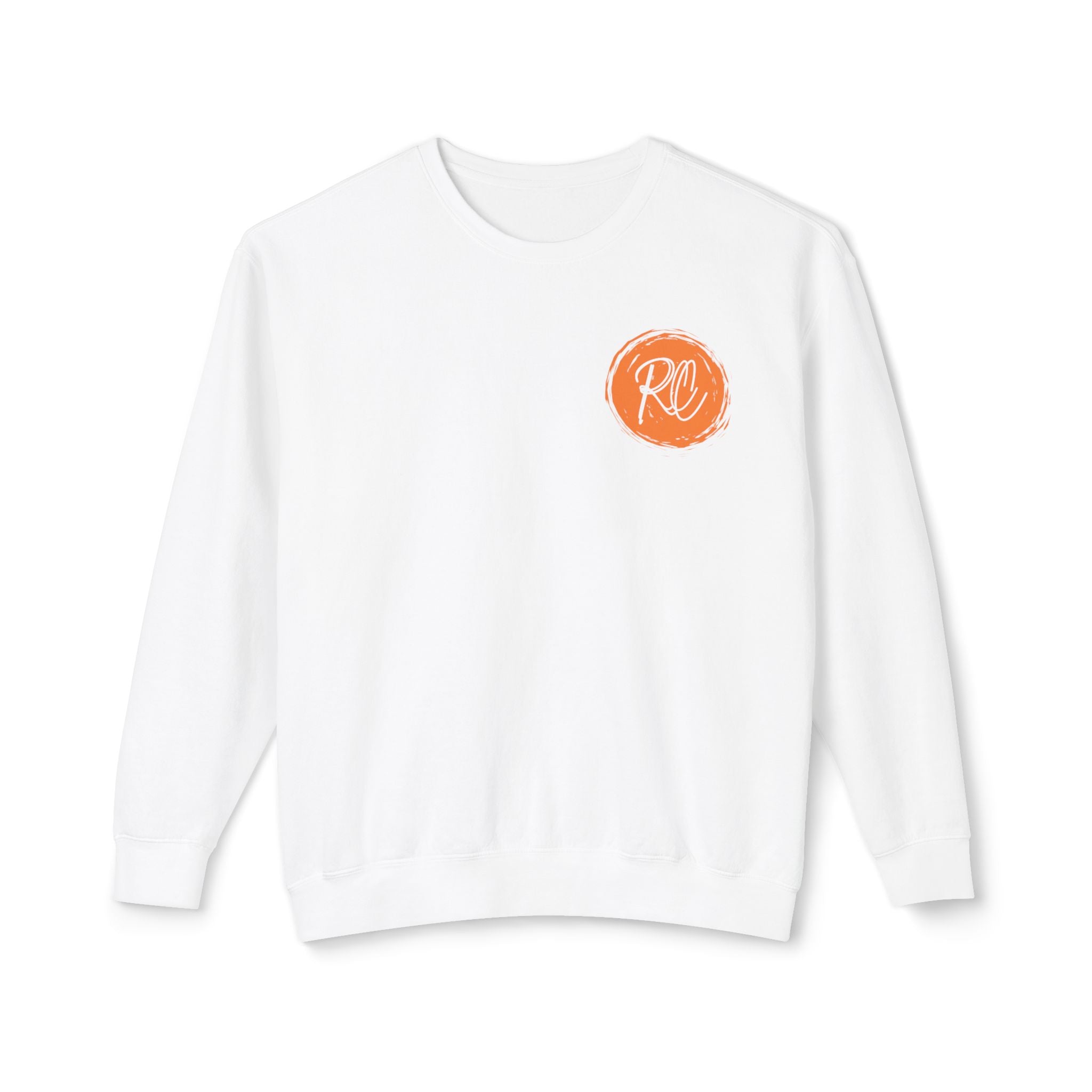 White sweatshirt with an orange logo on a white background