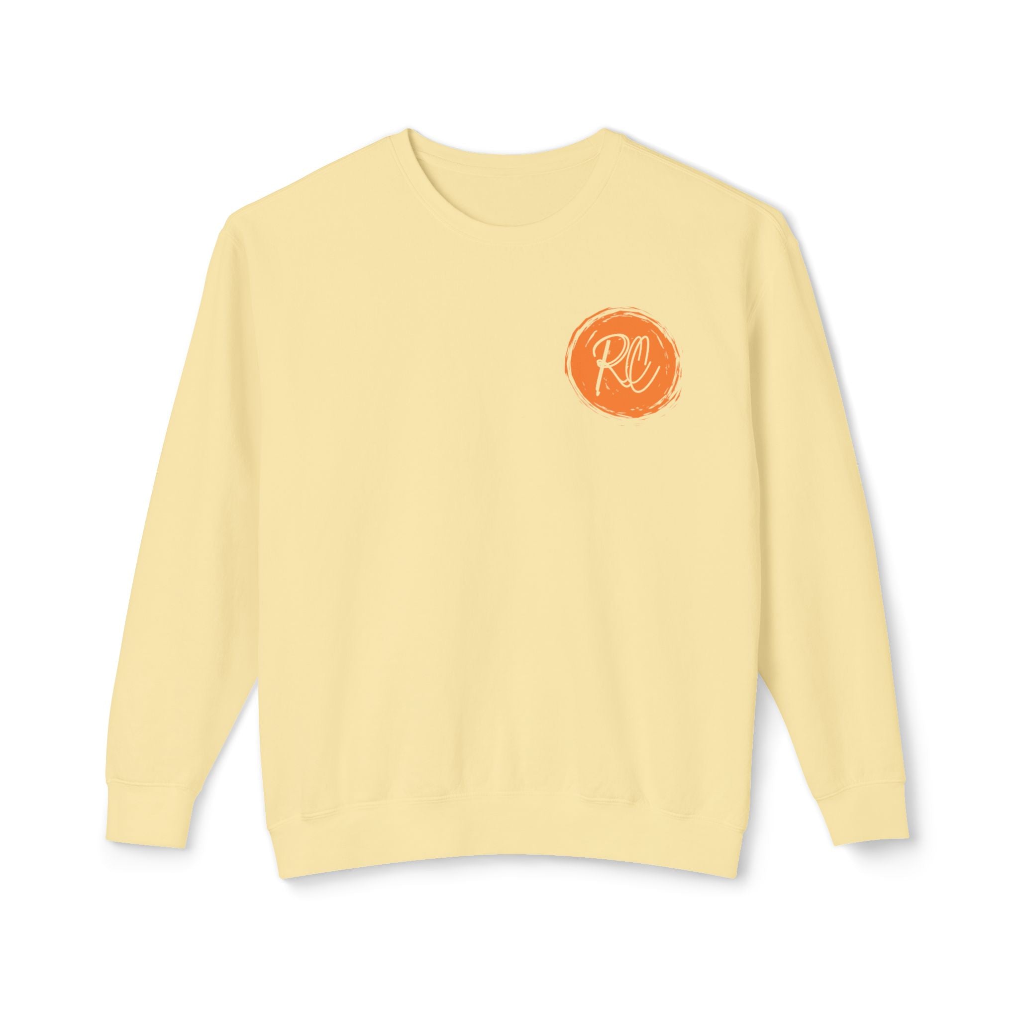 Yellow sweatshirt with a circular logo on the chest against a white background